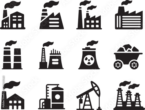 Set of Factory and Industrial Building Icons Depicting Production Manufacturing and Energy Generation Sites in Black and White Flat Style