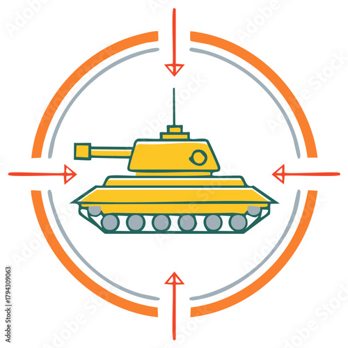 Armored military tank in crosshairs targeting reticle symbol graphic