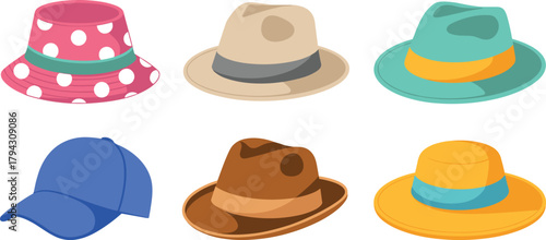 Cartoon hat collection, fashion accessories, stylish headwear, bucket hat, cowboy style, sun protection, colorful caps, clothing illustration, variety