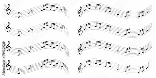 Collection of wavy musical staffs with black notes and treble clefs on white background