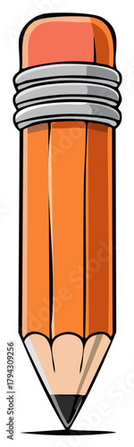 Vibrant orange pencil illustration with pink eraser and sharp graphite tip for writing or drawing