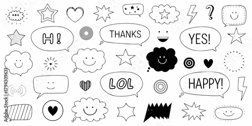 Collection of hand drawn speech bubbles with positive messages and cute smiley faces