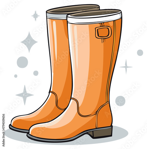 Pair of Orange Waterproof Rain Boots for Outdoor Protection Footwear Illustration