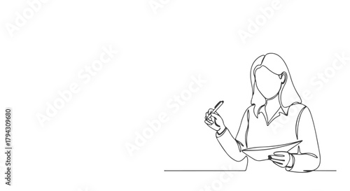 One line continuous drawing of a businesswoman using a tablet, line art style in vector eps file