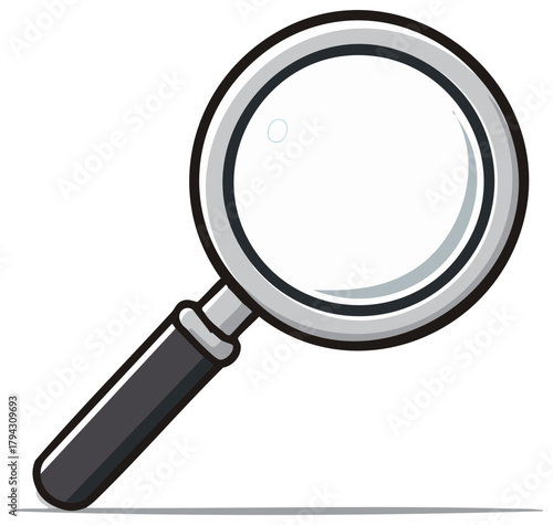 Classic magnifying glass with silver frame and black handle, search and discovery instrument, vector illustration, inspection tool