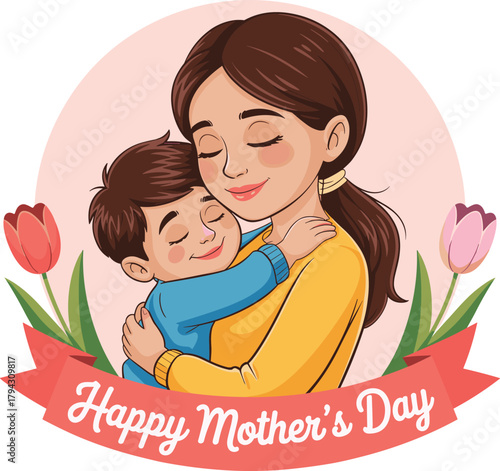 Mother's Day vector, mom hugging child, tulip flowers, love, affection, cartoon style, warm colors, celebration, family bond, smiling faces