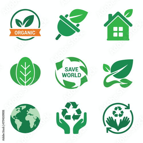 Collection of Green Eco Friendly Icons and Symbols such as Recycle Save World Plug Leaf Organic Energy and Green House on White Background