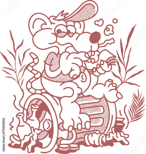 Quirky Cartoon Rat Character Smoking and Relaxing on a Beer/Liquor Barrel. Fun Vintage Hot Rod Style Illustration with Retro Grunge Line Art perfect for Subculture Apparel or Brewery Design