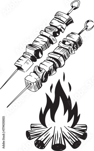 Shish kebab skewer with grilled meat and campfire or bonfire in cartoon doodle engraving style vector illustration for summer bbq