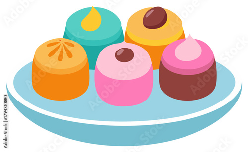 Assortment of colorful, stylized pastries on a blue plate