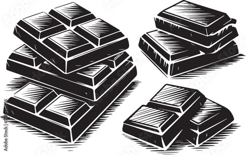 Chocolate bar pieces stack for sweet dessert or snack in black monochrome engraving style vector illustration for confectionery product