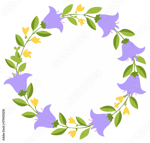 Elegant floral wreath with purple bellflowers, yellow blossoms, and green leaves