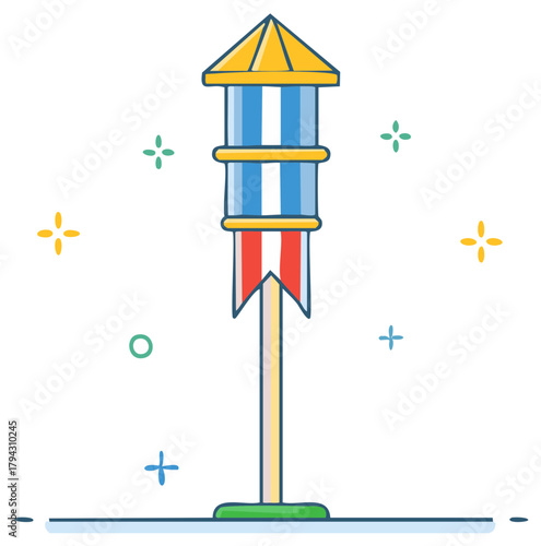 Cartoon Maypole with Ribbons and Decorative Shapes for Spring Festival Holiday