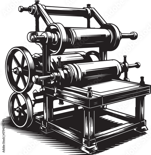 Vintage Printing Press Machine for Letterpress or Lithography in Engraving Style for Old Printing Technology Vector Illustration