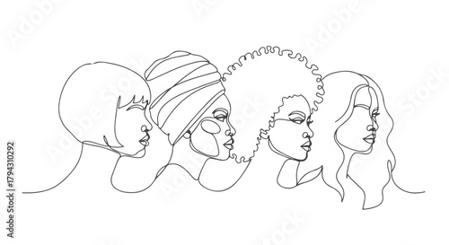 Minimalist one line continuous drawing of diverse women faces celebrating unity and beauty in a simple art style