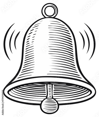 Engraved style bell illustration with sound waves, black and white outline.