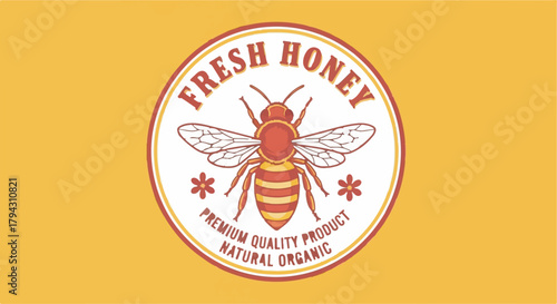 Retro vector bee logo badge design for Fresh Honey natural organic product packaging