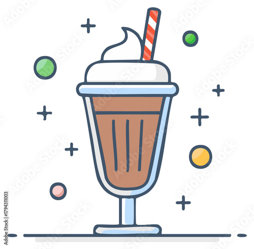 Chocolate milkshake drink with whipped cream and straw icon vector dessert illustration