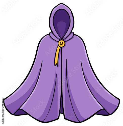 Cartoon illustration of a purple hooded cape with a gold clasp