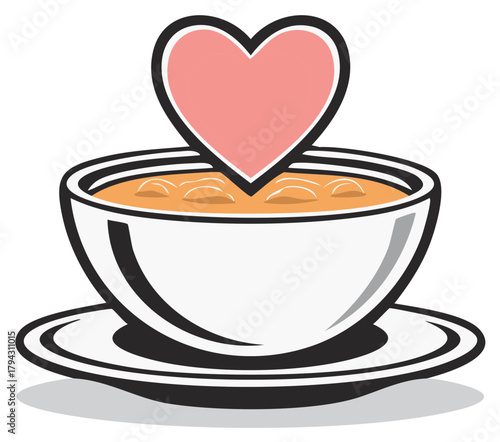 Heartwarming bowl of soup vector illustration with a pink heart symbol of love and comfort