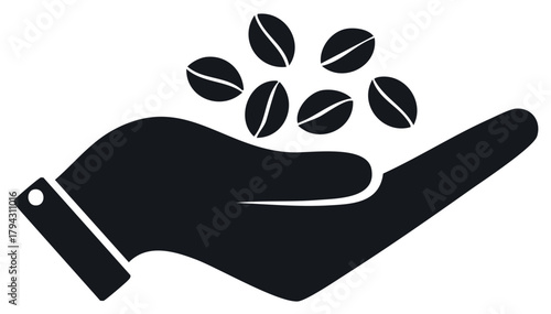 Minimalist black icon of a hand holding fresh roasted coffee beans