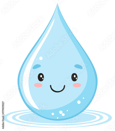 Happy cute water drop character smiling with rosy cheeks and sparkling eyes