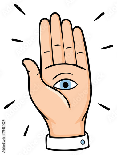 Mystic Hand with Eye Symbol, Spiritual Sign, Divination, Magic and Esotericism Concept, Palmistry Illustration