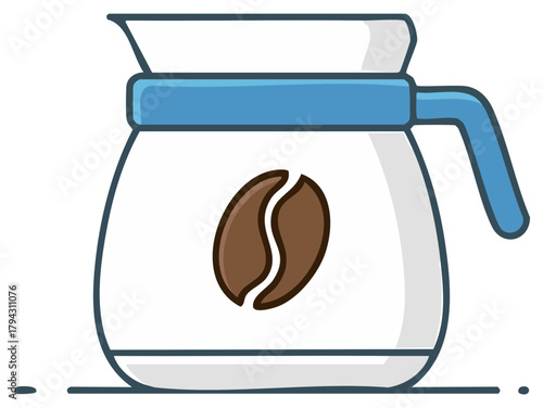 Stylized coffee pot illustration with a prominent coffee bean emblem