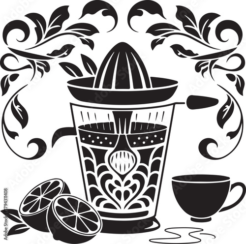 Citrus Juicer Vector Illustration with Lemons and Ornate Floral Elements Isolated on Transparent Background Kitchenware 130c
