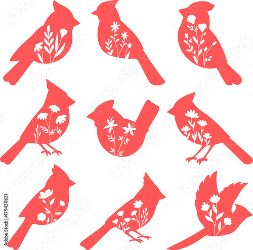 Set of floral cardinal bird SVG, family loss, remembrance memorial symbol, laser ready cut files, glowforge silhouette cricut, vector illustration