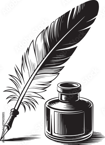 Feather Pen With Ink Bottle Vector Illustration For Writing Isolated On Transparent Background Must Be Exactly One Hundred Thirty Char
