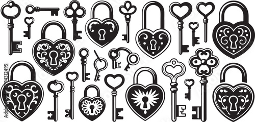 Collection of various keys and heart shaped padlocks in black silhouette isolated over transparent background makes perfect design element