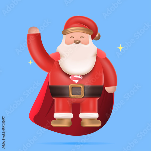 Santa wearing red cloak like superhero. 3D Santa Character in Blue Background 