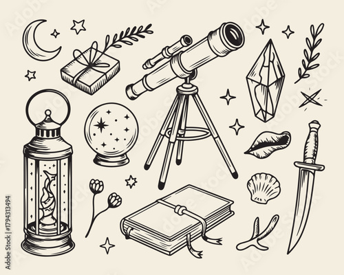Esoteric mystic outline illustration with vintage celestial magic objects drawn in vector format one hundred thirty text