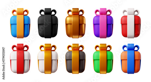 Set of colorful gift box with ribbon and bow for celebration. 3d stock vector illustration with present for holiday and birthday.
