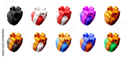 Set of colorful 3d icon gift box with bow. Render sweet present for holiday banner, app, web, social network. Love surprise for sale and promotion. Vector illustration