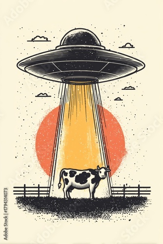 vintage cartoon UFO lifting up a cow with its beam on the underside of the ufo