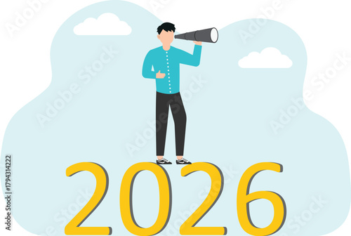 Leadership in setting plan or course for business development in 2026, motivation in achieving goals, determination for great success or heights, man looking through binoculars and stands on 2026.
