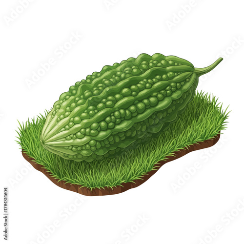 Intricate Bitter Melon Illustration with Textured Surface and Green Grass