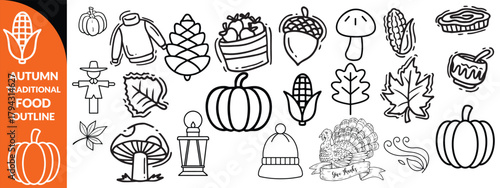 Autumn traditional food icon, thanksgiving day holiday table hand drawn doodle line illustration set. Harvest fall pumpkin, celebration turkey, dessert pie, November eatery design element.  big set 