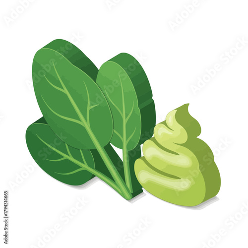 Isometric Fresh Spinach and Green Paste on a White Backdrop Illustration