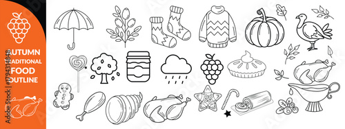 Autumn traditional food icon, thanksgiving day holiday table hand drawn doodle line illustration set. Harvest fall pumpkin, celebration turkey, dessert pie, November eatery design element.  big set 