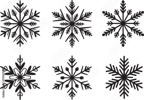 Collection of different black snowflakes on transparent backdrop winter holiday decorative icy frost elements vector graphic illustration 130