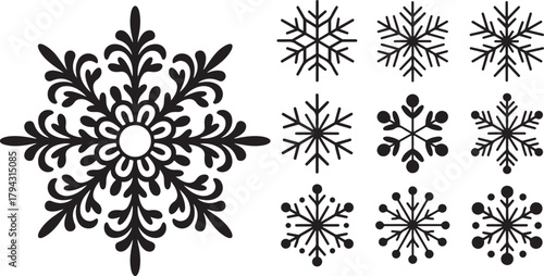 Set of Various Stylized Snowflakes on Transparent Background with Diverse Geometric Shapes and Symmetrical Patterns Isolated