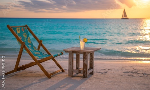 Tropical beach scene at sunset with a drink