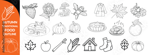 Autumn traditional food icon, thanksgiving day holiday table hand drawn doodle line illustration set. Harvest fall pumpkin, celebration turkey, dessert pie, November eatery design element.  big set 
