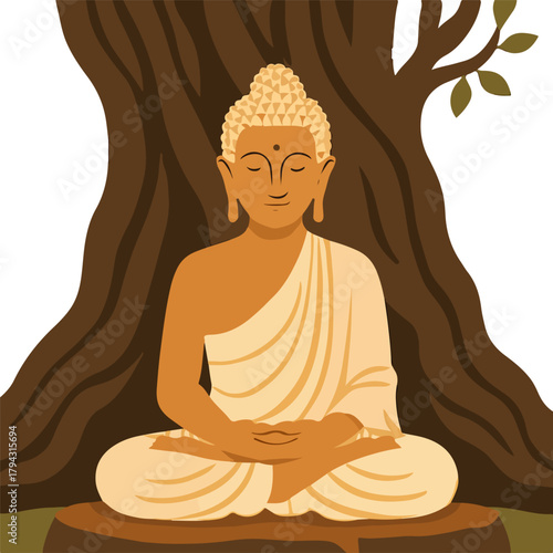 Serene Buddha Meditating Under Bodhi Tree Vector Illustration for Spiritual Zen and Mindfulness Designs