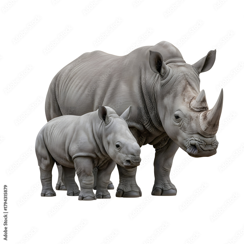 Obraz premium Mother rhinoceros with her calf showing bond of maternal care against transparent background