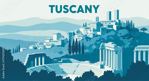 "TUSCANY" historic European hillside town and ancient ruins monochrome vector illustration