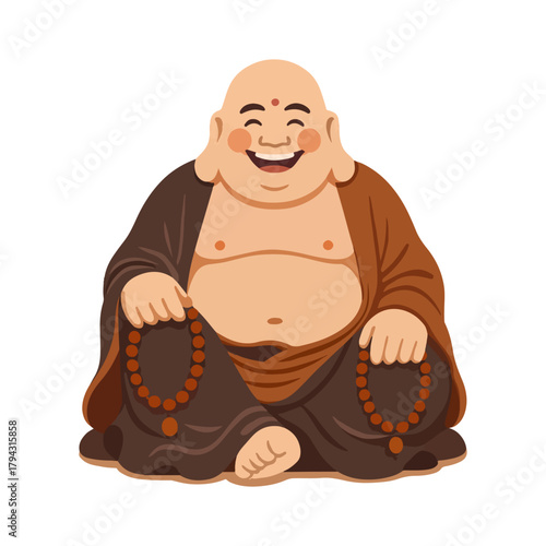 Joyful Chubby Smiling Buddha Holding Prayer Beads Vector Illustration for Zen Spiritual Designs